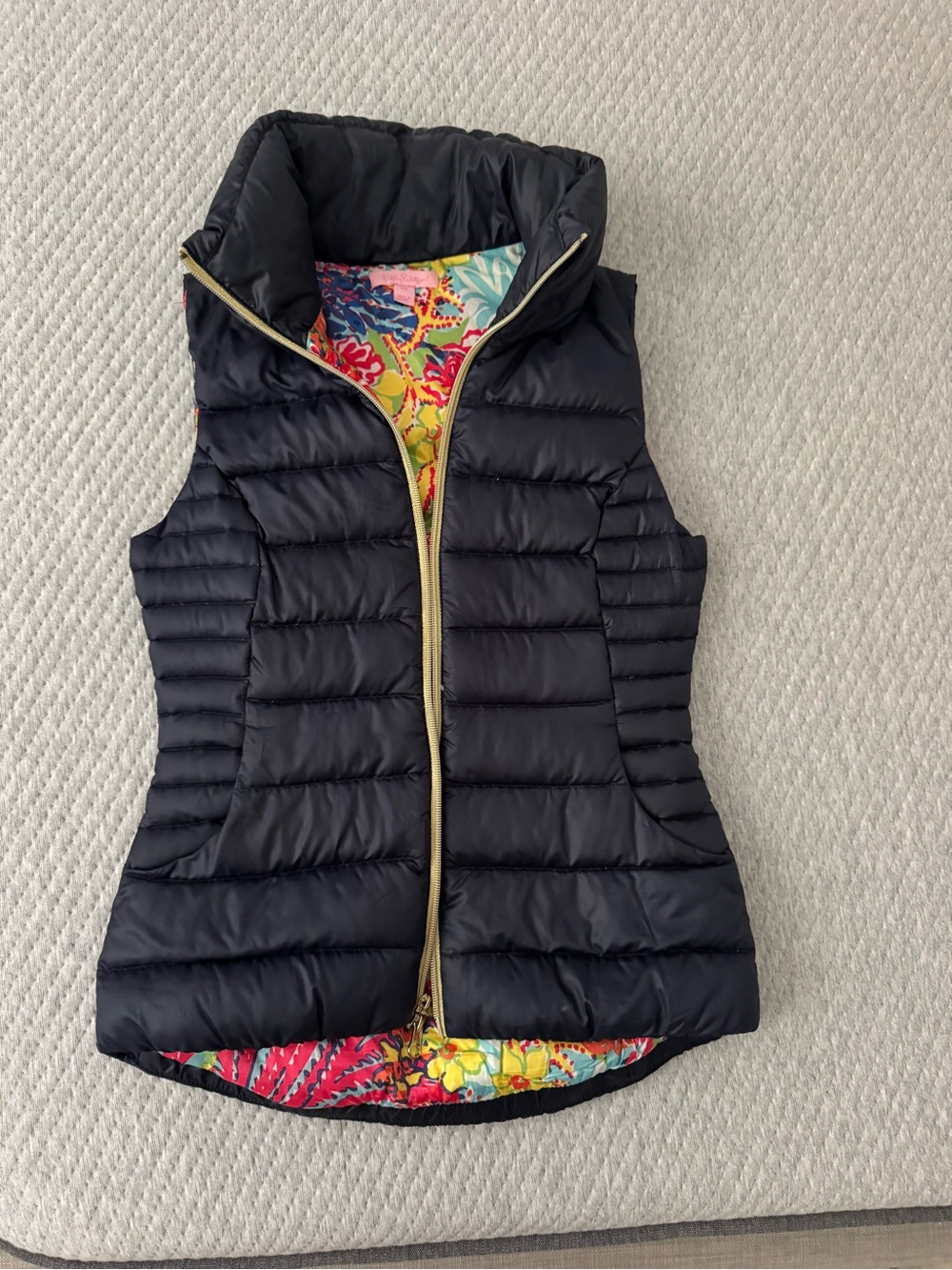 Lilly Pulitzer Reversible Navy Quilted Puffer Vest with Floral Print